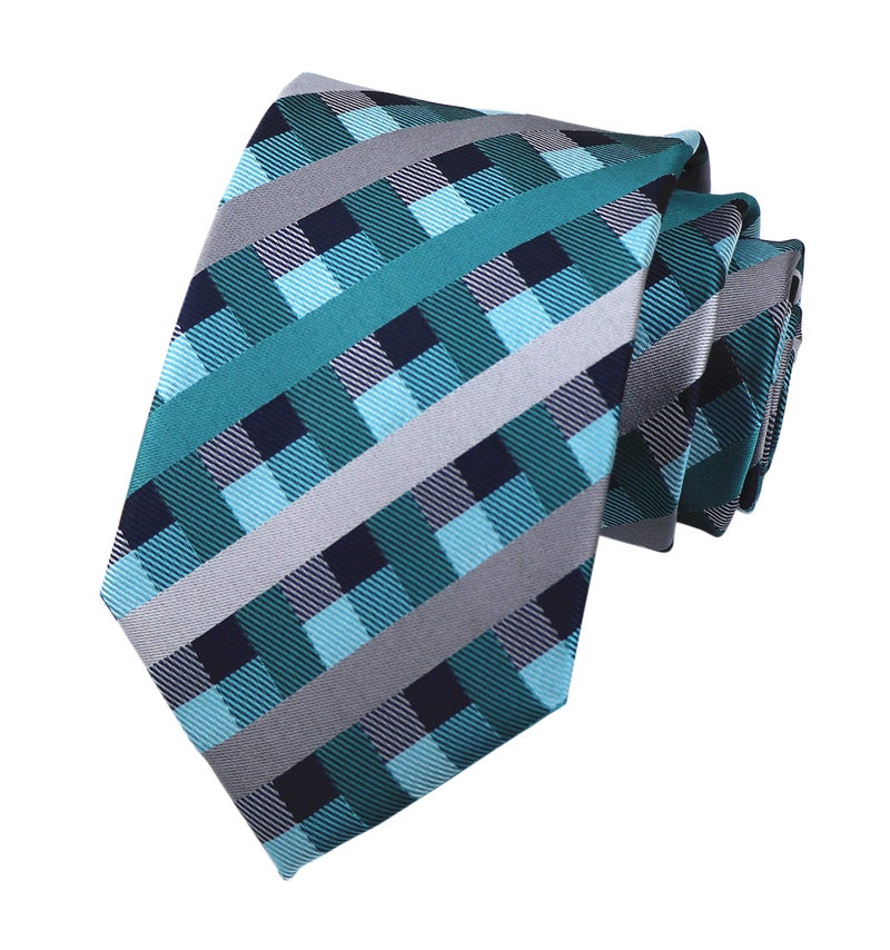 Elfeves Men's Repp Teal Blue Grey Check Tie Spring Summer Wedding Groom Designer Turquoise Necktie - Image 1